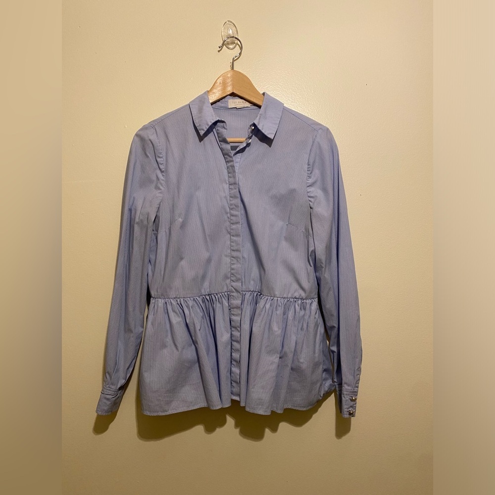Ted Baker Light Blue Button Down Peplum Shirt with pockets Size 0